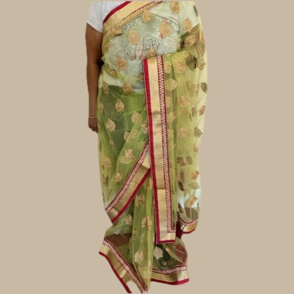 Lime Green Pink Net Saree Gold Zari Buti Motif Contrast Border Wedding - Picture 12 of 16